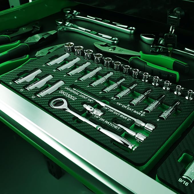 SK 1/4" Drive Socket Set with 160-P Ratchet, 30-Piece, Metric, SuperKrome Finish, Premium CR-V Construction, with EVA Foam Tool Organizer