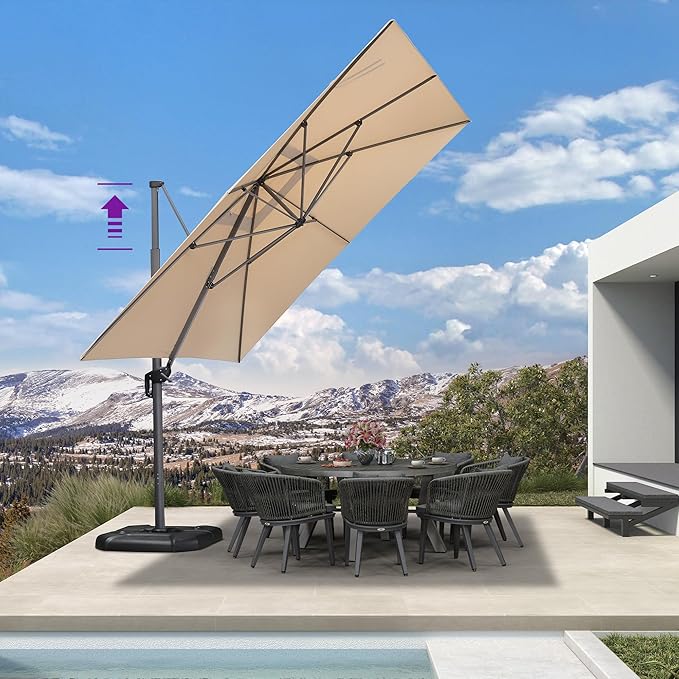 PURPLE LEAF 11.5' X 11.5' Telescopic Patio Umbrella Outdoor Cantilever Umbrella Square Up Down Lifting Offset Umbrella with 360-degree Rotation for Garden Deck Pool Patio Beige