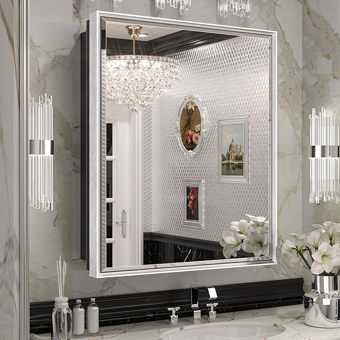 Keonjinn 21" x 27" Medicine Cabinet for Bathroom, Silver Recessed or Surface Wall-Mounted Aluminum Alloy Framed Beveled Mirror with Storage, Mirrored Cabinets with 2 Adjustable Shelves for Bath Modern