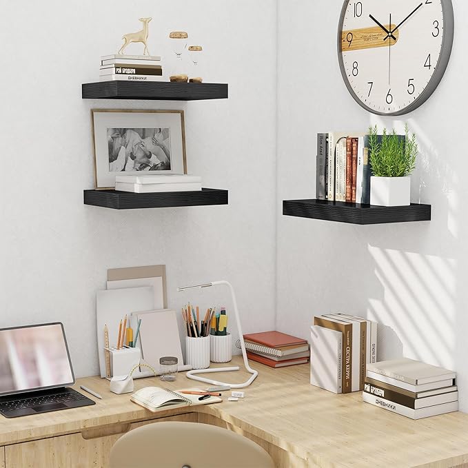 Fun Memories Black Floating Shelves for Wall - 10 x 16 Floating Shelf - Rustic Wood Storage Shelf - Wall Shelves with Invisible Bracket - 16" Bookshelves for Living Room & Bedroom - Black - Set of 2