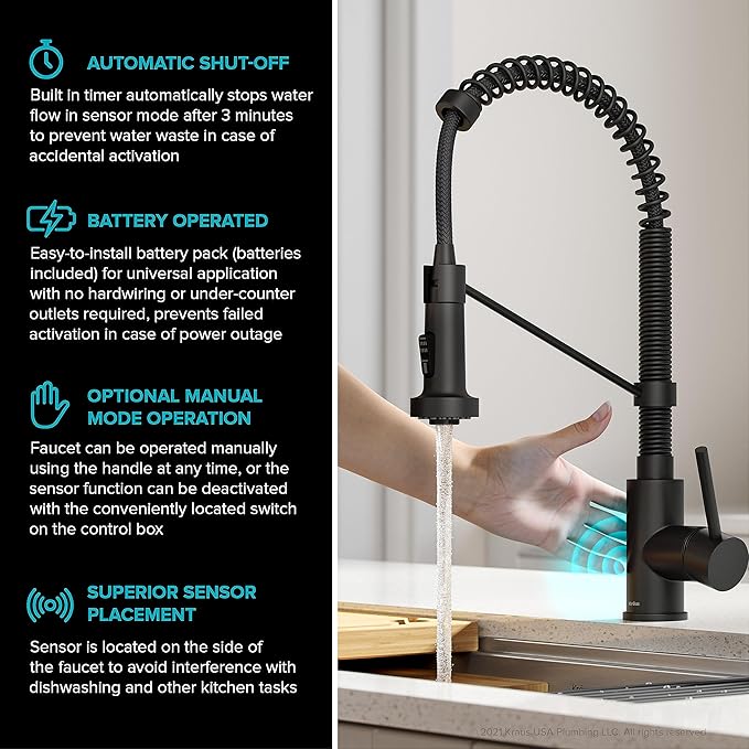 KRAUS Bolden Touchless Sensor Commercial Style 2-Function Single Handle Pull-Down Kitchen Faucet in Matte Black, KSF-1610MB
