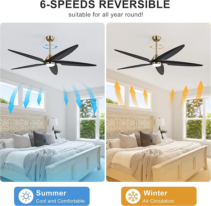64 Inch Modern Ceiling Fan with Lights and Remote, 5 Wood Blades, 6-Speed Noiseless Reversible DC Motor with Replaceable Downrods for Bedroom Living Room Dining Room, Gold and Black
