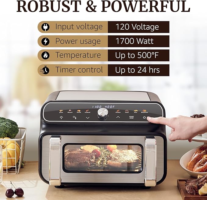 Elite Gourmet EAF2411G Digital Indoor Grill/Air Fryer Oven, 11L Capacity, Grill Rack, 8 Presets, Bake, Roast, Broil, Dehydrate, 1700-Watts, 25 Delicious Recipes, Stainless-Steel/Black