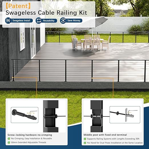 3 Pack Economical One-Stop Cable Railing Post Kits 36", Stainless Steel T304 Deck Railing System with Swageless Tensioner, Upgraded Black Powder Coated Level Drilled Post Kits with DIY Length