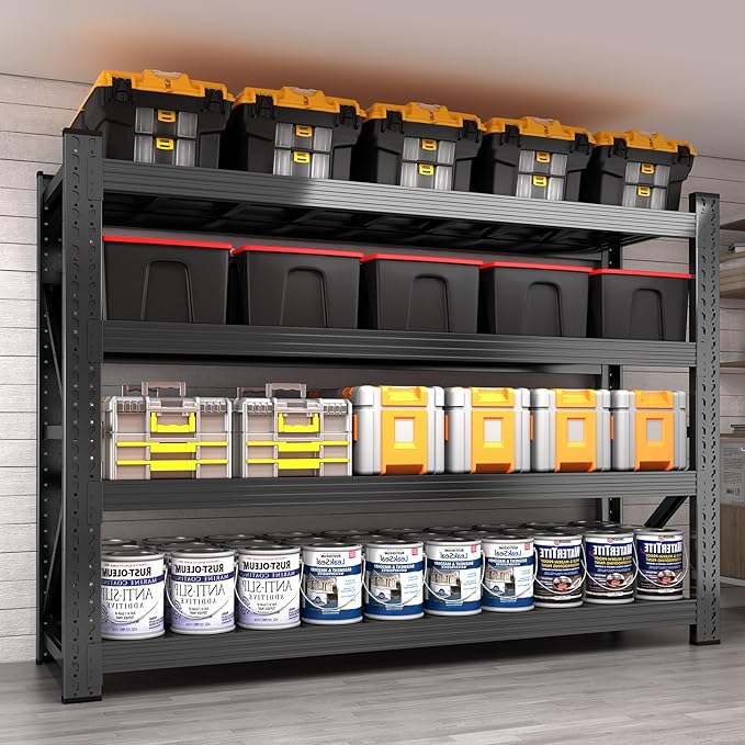 71” W 3000LBS Storage Shelves 4 Tier Garage Shelving, Heavy Duty Adjustable Metal Shelves Unit, Easy Assembly Shelving for Industrial, Warehouse, Basement, 71" W x 24" D x 71" H, Black
