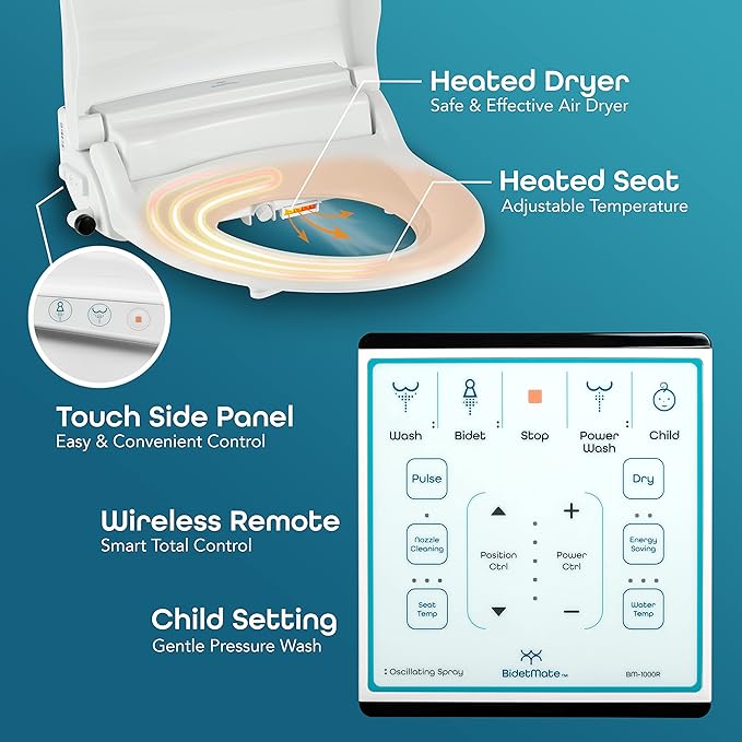 BidetMate 1000 Series Smart Toilet Seat with Heated Water, Wireless Remote, and Warm Air Dryer - Adjustable and Self-Cleaning electric bidet seat - Multiple Wash Settings - Elongated