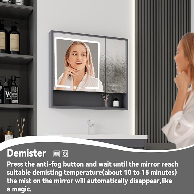 32'' Bathroom Vanity with Ceramic Sink Combo and Medicine Cabinet Mirror with Led Light/Defog, Wall Mounted Small Bathroom Vanity with Soft-Close Door Modern Floating Cabinet, Gray(No Faucet)