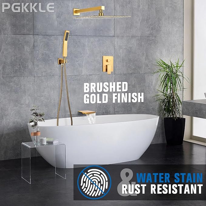 10 Inch Rainfall Shower System with Tub Spout - Wall Mounted Complete Combo with Solid Brass Pressure Balancing Valve, High Pressure Shower Head, Handle Set & Installation Accessories Brushed Gold