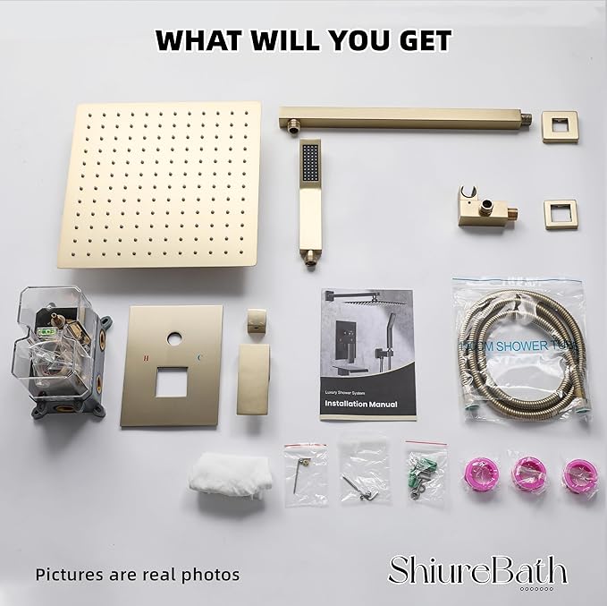 10 Inch Shower Faucet Set, Rainfall Shower System with Square Fixed Shower Head and High Pressure Handheld Shower Head, Spray Wall Mounted Rainfall Shower Fixtures, Brushed Gold