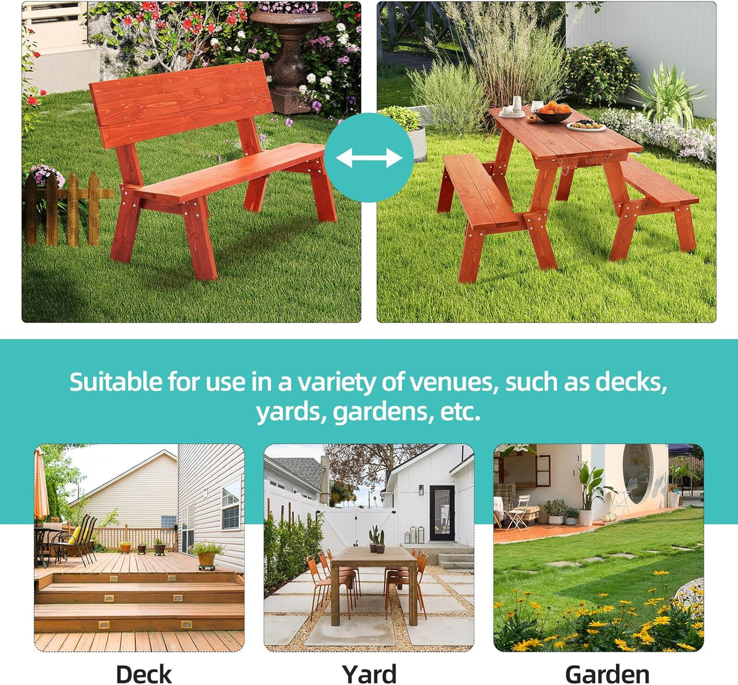 AVAWING Outdoor Convertible Wood Bench with Backrest, Patio Wood Convert a Bench, Space-Saving 2-in-1 Picnic Table Chairs Set for Backyard, Porch, Patio, Garden, Tangerine