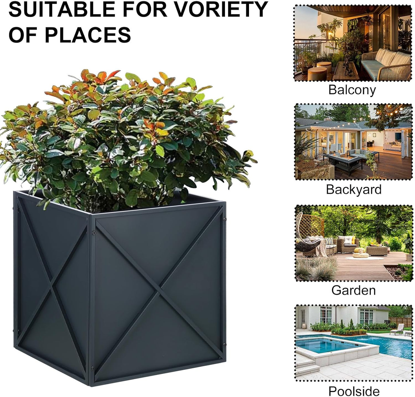 SUNNYPARK Large Metal Planter Box 17”x 17”x 18”, Square Modern Grey Metal Planter Box Heavy Duty with Drainage Holes for Outdoor Garden Patio