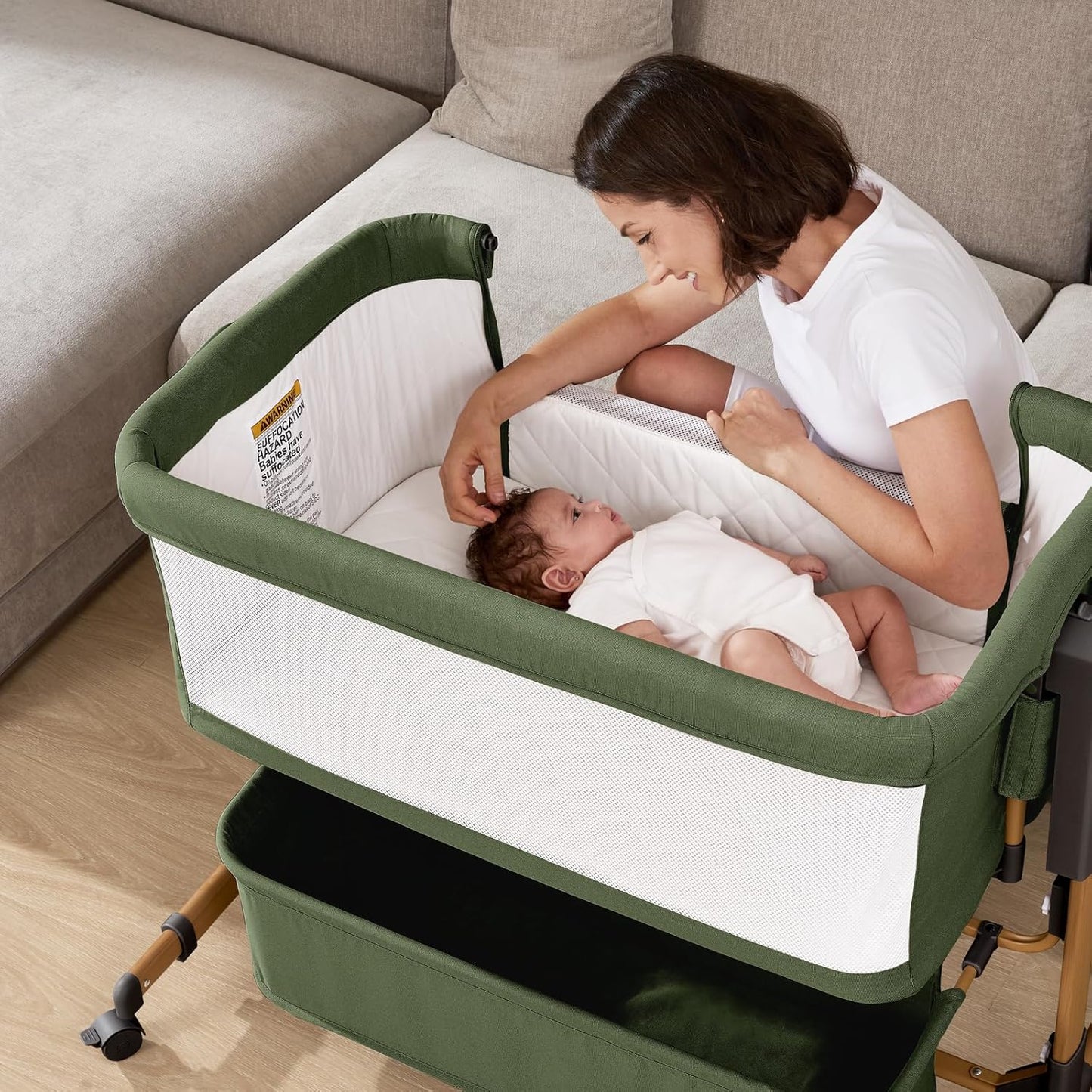 3 in 1 Baby Bassinet, Rocking Bassinet, Bedside Bassinet, 6-Height Adjustable, Bassinet Bedside Sleeper, Bedside Bassient for Baby with Comfy Mattress, Breathable Mesh, Large Storage Basket