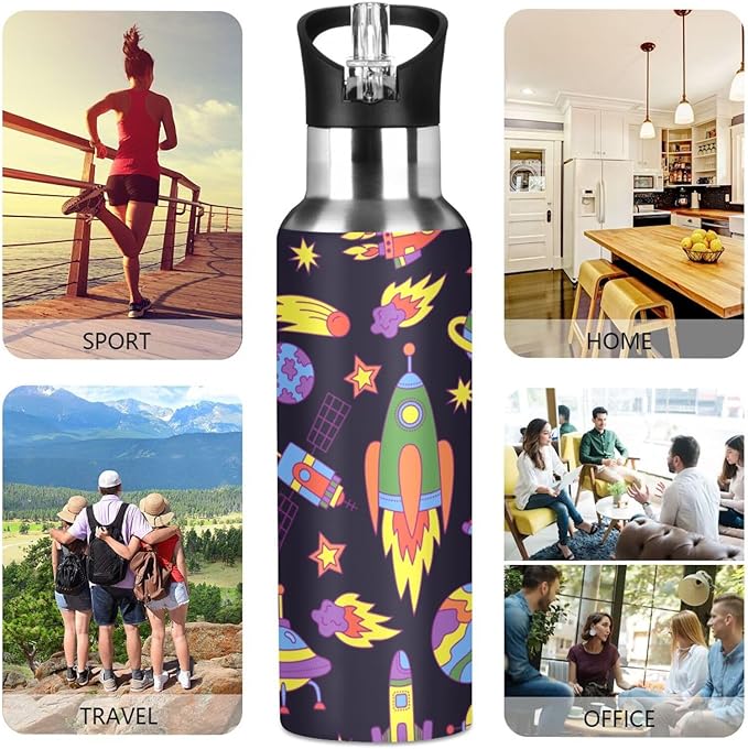 Outer Space Rocket Space Ship Ufo Stainless Steel Water Bottle with Straw Lid - 20 Oz Sports Insulated Water Bottle Thermos for Sport Gym Outdoor Travel School