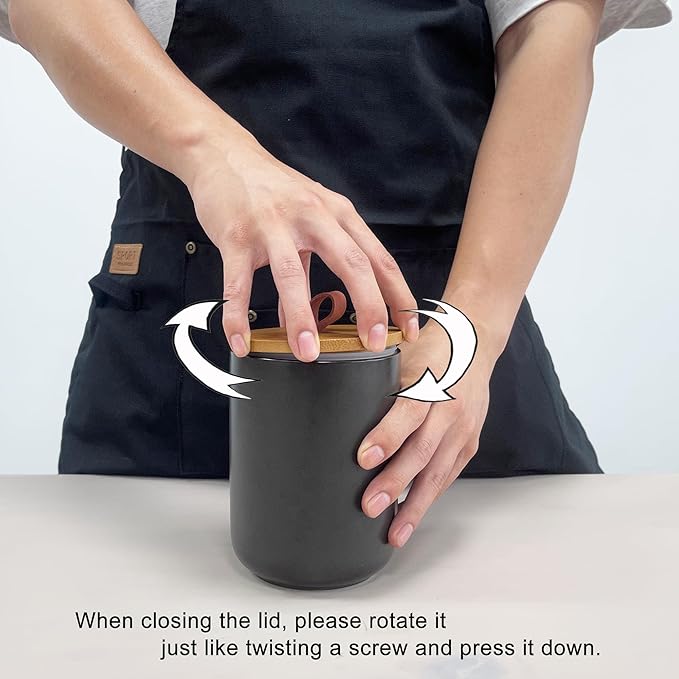 Black Ceramic Canister Set, 3pcs Ceramic Kitchen Canisters for Countertop with Airtight Wood Lids, Large Flour and Sugar Containers for Coffee, Tea, Spice