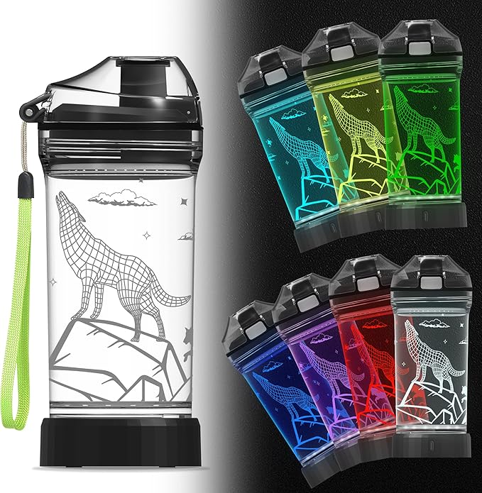 Ammonite Wolf Kids Water Bottle with 3D Glowing LED Light - 14 OZ Tritan BPA Free - Creative Ideal Travel Cup Gift for School Kid Boy Child Holiday Camping Picnic