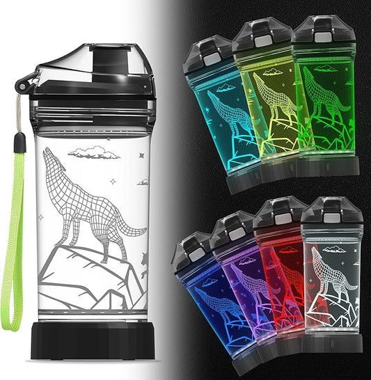 Ammonite Wolf Kids Water Bottle with 3D Glowing LED Light - 14 OZ Tritan BPA Free - Creative Ideal Travel Cup Gift for School Kid Boy Child Holiday Camping Picnic