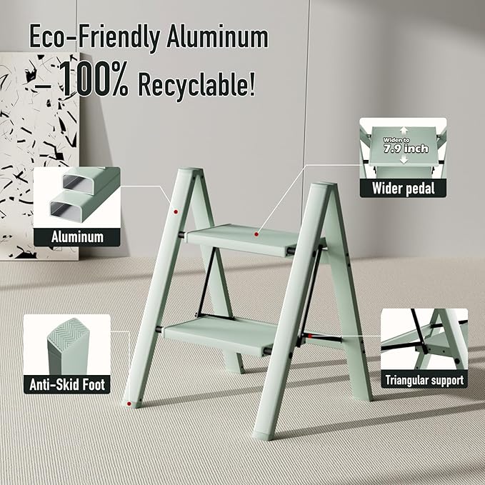 2 Step Ladder,Aluminum Folding Step Stool for Adults,Step Ladder with Wide Anti-Slip Pedal,330 lbs Capacity for Home,Office,Kitchen,Library(Green)