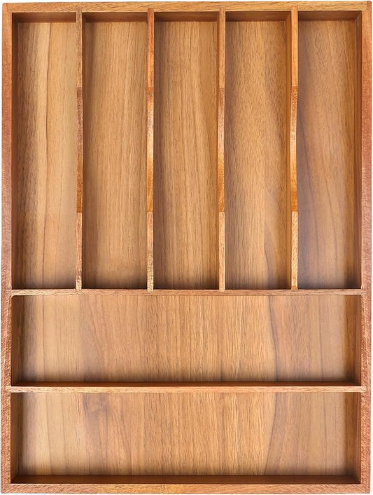 Bellsal Bamboo Silverware Organizer, 12"x15.7" Utensil Holder Cutlery Tray with Grooved Drawer Dividers for Kitchen Flatware, Bedroom, Office (7 Slot, Acacia)