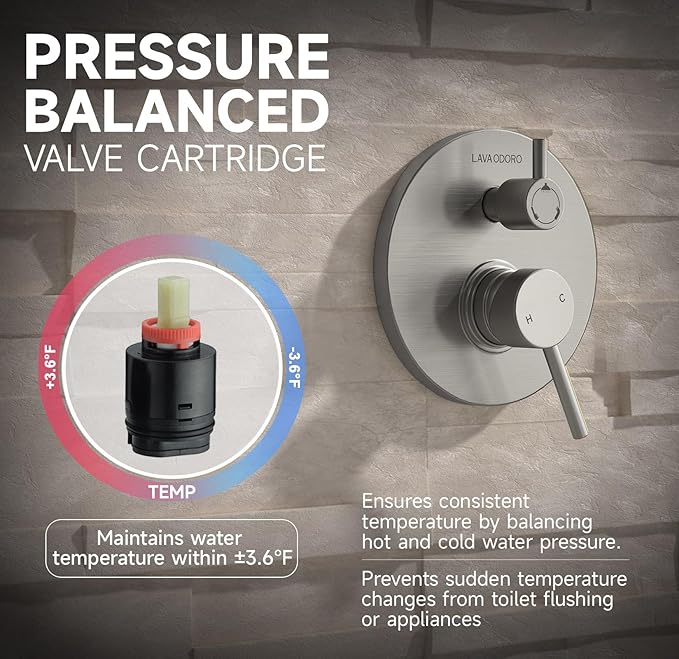 Lava Odoro Modern 3-Setting Round Rain Bathtub and Shower Faucet Set, Brushed Nickel Rainfall Shower Head and Handle Set, Rain Shower System with Tub Spout, Shower Valve Trim Kit, SF104-BN-T