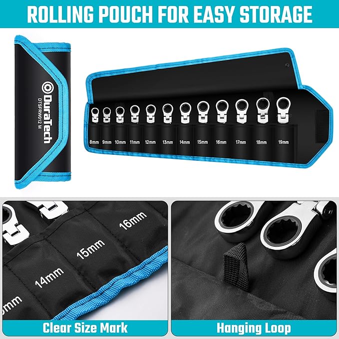 DURATECH Stubby Flex-head Ratcheting Combination Wrench Set, Metric, 12-piece, 8-19mm, CR-V Steel, with Pouch