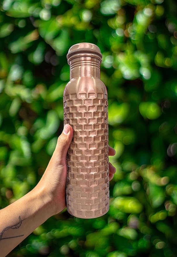Handcrafted Pure Copper Drinking Water Bottle |Copper Water Bottle with Lid - Ayurvedic Copper Water Bottle with Copper Vessel - Drink More Water Bottle Bricks Designed -30 Oz