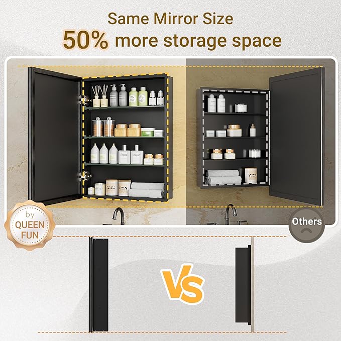24''x 30'' Black Medicine Cabinet Mirror, Surface or Recessed Aluminum Framed Medicine Cabinet with Beveled Mirror, Full-Assembled, Adjustable Shelves,Reversible Bathroom Mirror with Storage