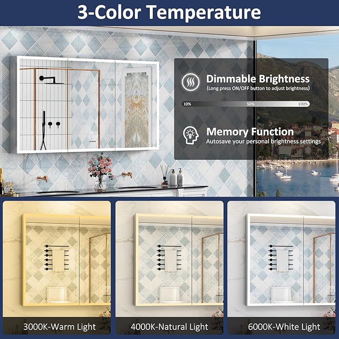 60"×32" Lighted Bathroom Medicine Cabinet with Mirror, Recessed Medicine Cabinet Mirror with Lights, Three Door LED Bathroom Mirror with Outlet & Clock, Dimming, Defogger, Memory Function