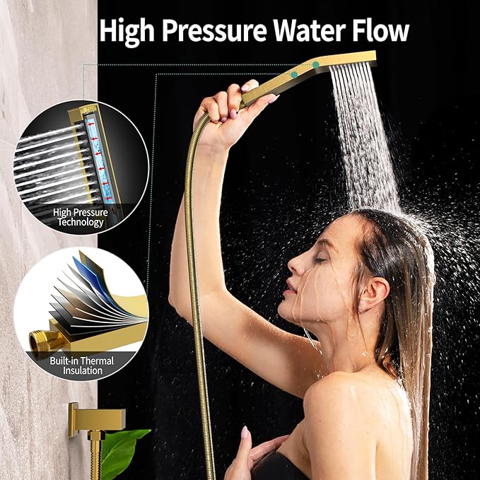 SR SUN RISE Shower System - Shower Faucet Set with 8 Inch Rain Shower Head and Handheld Shower - High Pressure Rain Shower System - All Metal Shower Faucet Trim Repair Kits - Brushed Gold