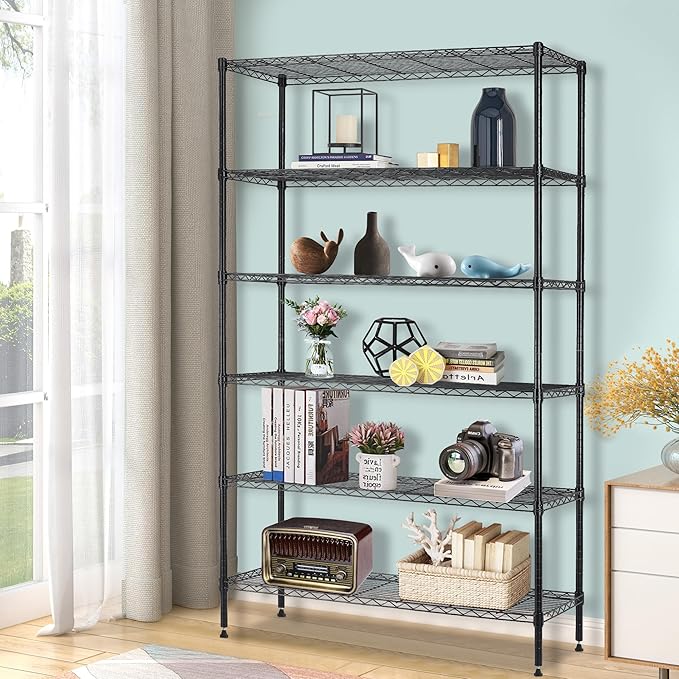 BestOffice | 6-Tier Wire Storage Shelves | 42x16x72 | Black | with Adjustable Racks | Heavy-Duty Metal Shelf, Holds Upto 1500 lbs | No-Tool Assembly | Ideal for Home & Garage Shelving
