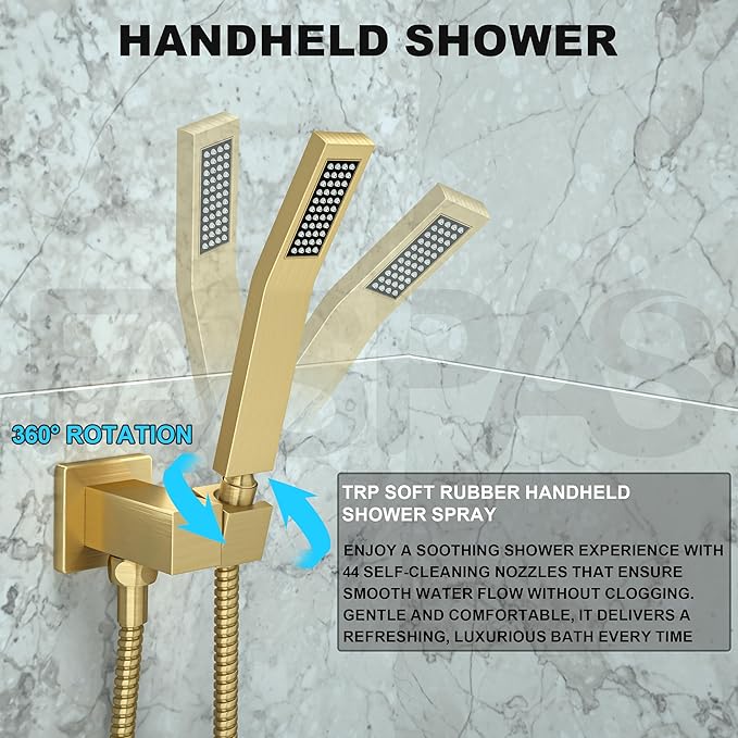 Shower Faucet Set, Shower System with 12 Inch Rain Showerhead and Handheld Shower, Wall Mounted High-Pressure Showerhead Combo Set Included Valve and Trim, Brushed Gold