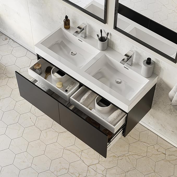 Fresca Mezzo 48 Inch Black Wall Mount Modern Double Bathroom Vanity - Includes Double Integrated Sinks with 4 Soft-Closing Hidden Drawers - Faucets Not Included - FCB8012BW-I
