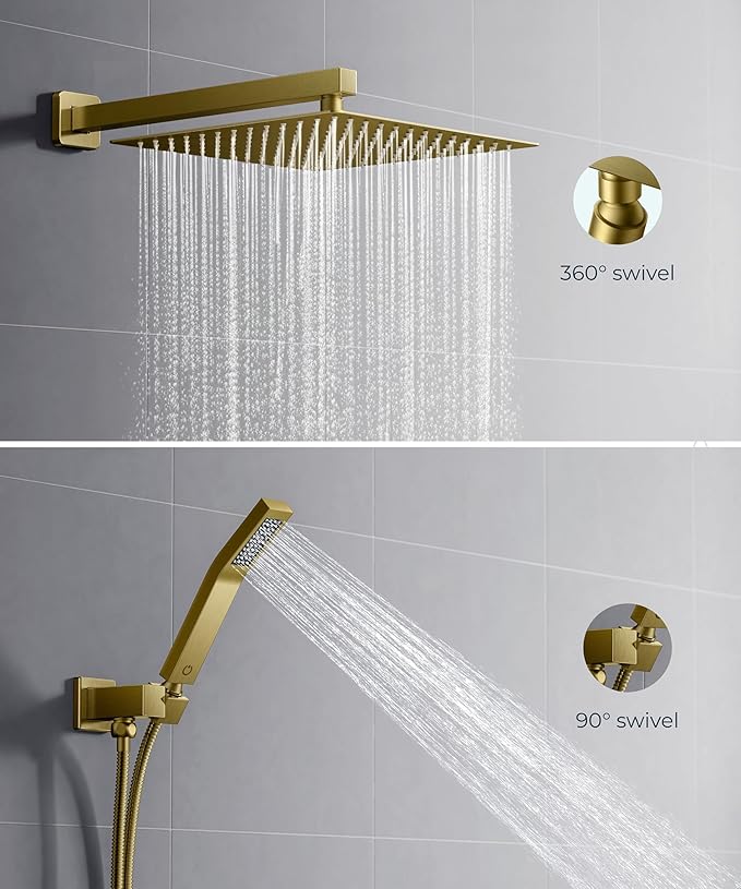 FORIOUS Rain Shower Head System, 10 Inch Shower Faucet Set with with handheld combo, Solid Brass Pressure Balanced Valve and Trim Kit Fixtures, Wall Mounted, Brushed Gold