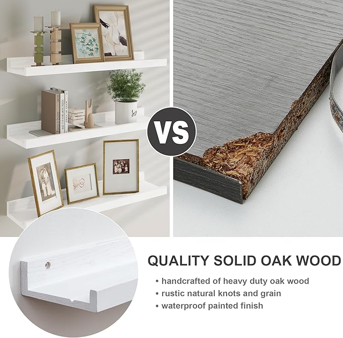 Floating Picture Ledge Shelves 72 Inch Solid Oak Wood Set of 2, Rustic Wall Storage Shelves with Lip, Kids Bookshelf, Photo & Picture Ledge Shelves for Bedroom, Living Room, Kitchen