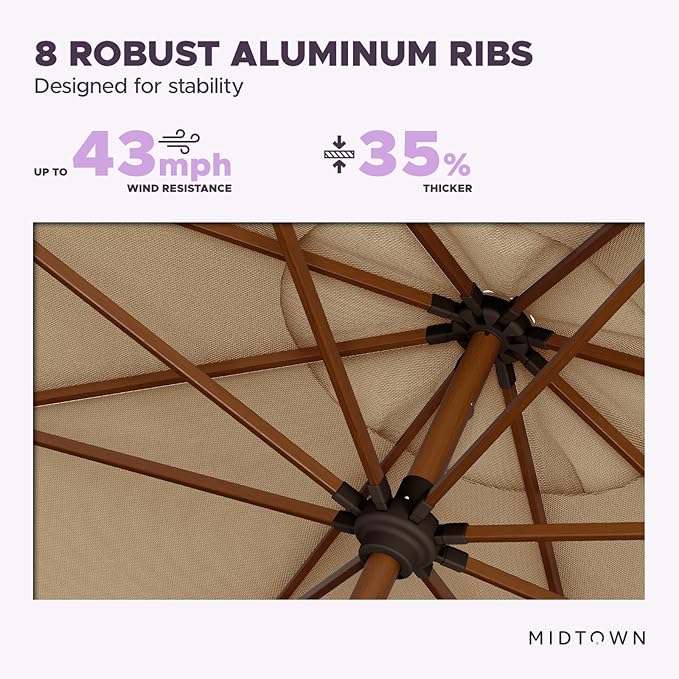 Midtown Umbrellas Sunbrella Umbrella Outdoor Patio Umbrella 2-8 Feet in Heather Tan Acrylic Fabric - Auto-Tilt Aluminum Frame For Backyard Umbrella, Deck Umbrella & Porch Umbrella - Wooden Pole