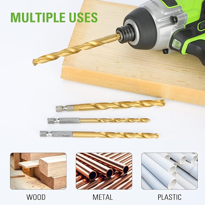 Greenworks 22 PC Titanium Twist Drill Bit Set, 135° Tip High Speed Steel, Ideal Drilling in Wood/Cast Iron/Aluminum Alloy/Plastic/Fiberglass