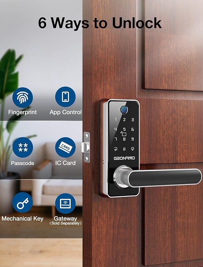 GEONFINO Smart Door Lock, Sliver Keyless Entry Lock with Handle, Front Door Lock with Keypad, Fingerprint Safe Lock with Bluetooth, App Electronic Door Locks for Front Door, Home