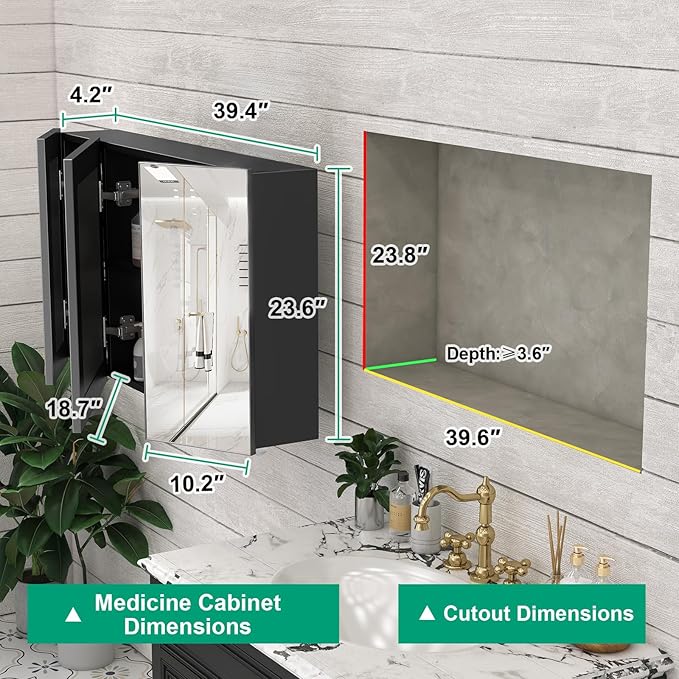 40 x 24 Farmhouse Medicine Cabinet, Tempered Frameless Bathroom Mirror with Storage, Black Recessed or Surface Mount Aluminum Medicine Cabinet for Bathroom Modern-Large