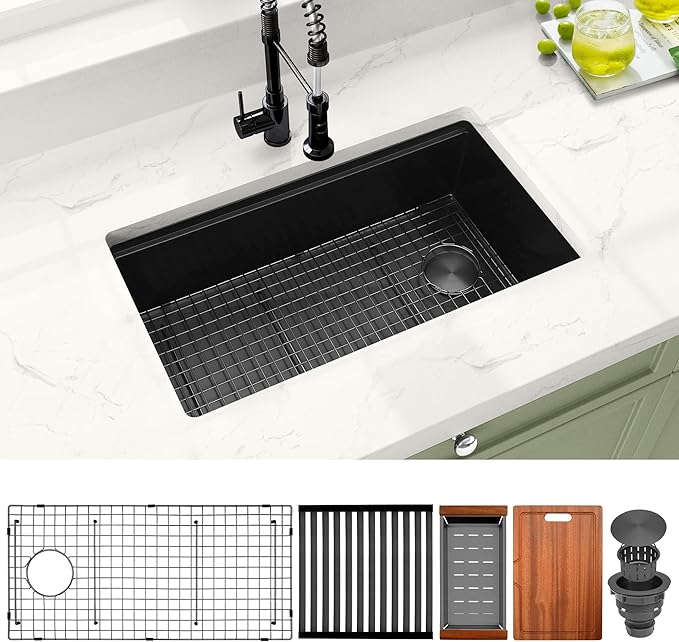 Black Undermount Kitchen Sink,16 Gauge Stainless Steel Sinks,Single Bowl Workstation Sink,Modern Kitchen Sink Offset Drain (33" X 18")