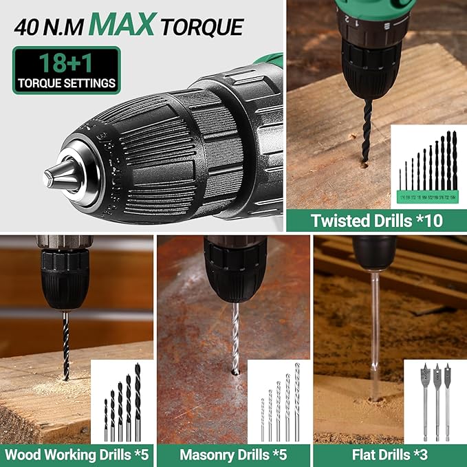 Green Drill Tool Kit Set: 20V Cordless Power Drill Tool Box with Battery Electric Drill Driver for Men Home Hand Repair Basic Toolbox Tools Sets Drills Case
