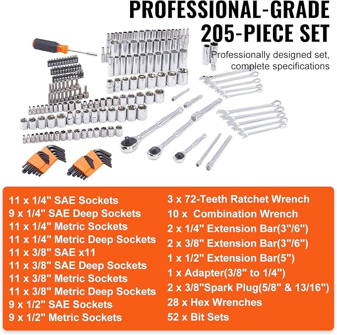 VEVOR Mechanics Tool Set, 1/4" & 3/8"& 1/2" Drive Deep and Standard Sockets, SAE/Metric 205 Pcs Mechanic Tool Kit with Bits, Combination Wrench, Hex Wrenches, Accessories, Storage Case