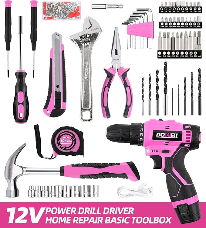DOWELL 147 Pcs Pink Tool Kit with 12V Cordless Drill with 3/8" Keyless Chuck for Women, Home, Men, Built-in LED, Type-C Charge Cable