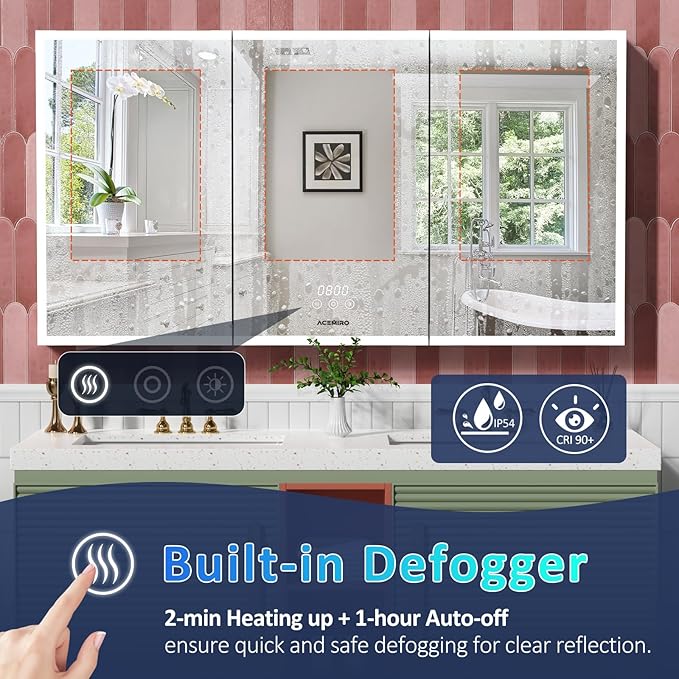 60"×32" Lighted Bathroom Medicine Cabinet with Mirror, Recessed Medicine Cabinet Mirror with Lights, Three Door LED Bathroom Mirror with Outlet & Clock, Dimming, Defogger, Memory Function