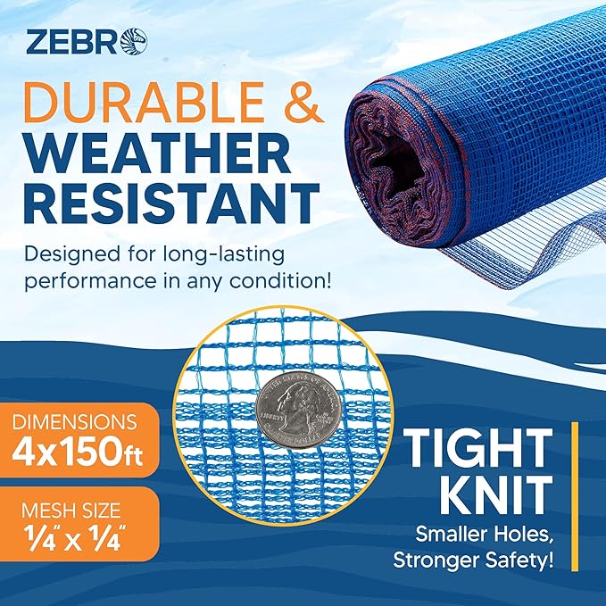 Fire Retardant Debris Safety Netting (4' x 150' - Blue) - High Visibility Construction & Scaffolding & Railing & Elevator Netting for Enhanced Safety - Construction Fencing