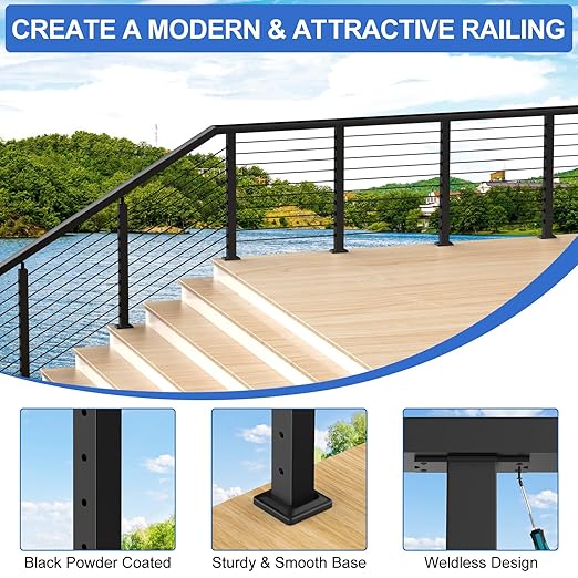 4-12ft Complete Set 36" Cable Railing Post Kits, Stainless Steel Black Level Drilled Line Posts(35"x2"x2")2 Pack, 1/8" Wire Rope with Cutter(No Handrail), Swageless Deck Cable Railing, MY07-LP