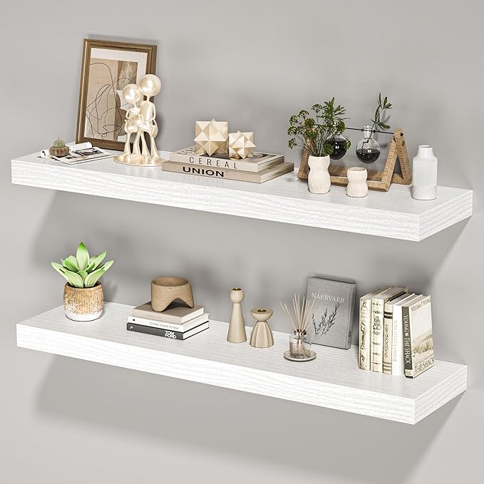 Floating Shelves for Wall, 36" W x 8" D x 1.5" H, Wooden Wall Mounted Display Shelves with Invisible Brackets for Living Room, Bedroom, Bathroom, Kitchen Decor and Storage, Set of 2, White
