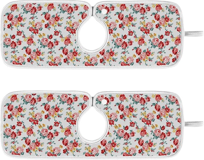 Kitchen Faucet Absorbent Mat,Rose Floral Flower Water Splash Guard for Sink, Faucet Drip Catcher Thicken Sponge Microfiber Faucet Water Catcher Mat Sink Absorbent Mat for Kitchen 30x5in 2Pack