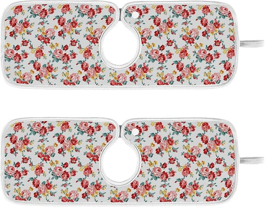 Kitchen Faucet Absorbent Mat,Rose Floral Flower Water Splash Guard for Sink, Faucet Drip Catcher Thicken Sponge Microfiber Faucet Water Catcher Mat Sink Absorbent Mat for Kitchen 30x5in 2Pack