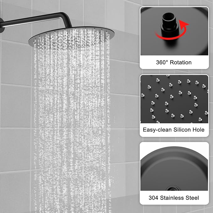 Shower Faucet Set 10IN Brass Rough-In Valve Body Trim Kit Rainfall Included Handle Accessories Complete 2 Functions with Rain Head and Handheld Bathroom Systems (10'', Matte Black)