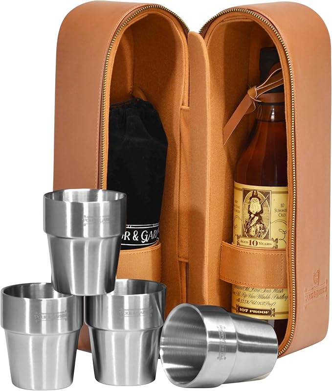 POUR & GARNISH Bourbon Whiskey & Wine Double Bottle Travel Bag with 4 Stainless Steel Double-Walled Vacuum Insulated Glasses - Makes a Great Gift!