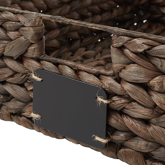 Casafield Set of 4 Water Hyacinth Pantry Baskets, 10" x 13" x 5", with Chalkboard Labels and Chalk Marker - Espresso, Woven Storage Bin Organizers for Kitchen Shelves